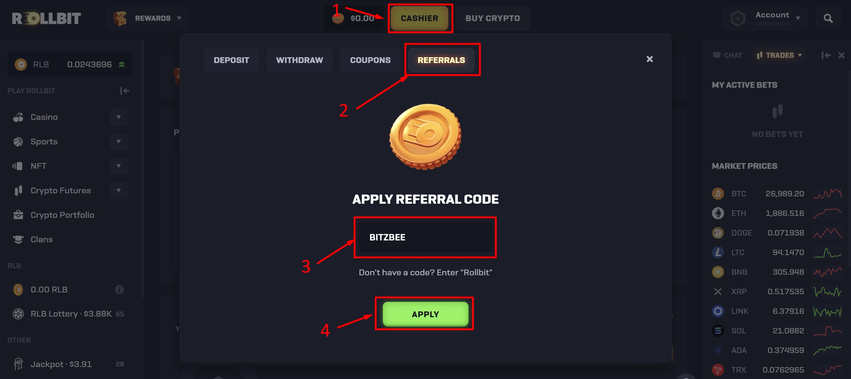 activate the Rollbit referral code